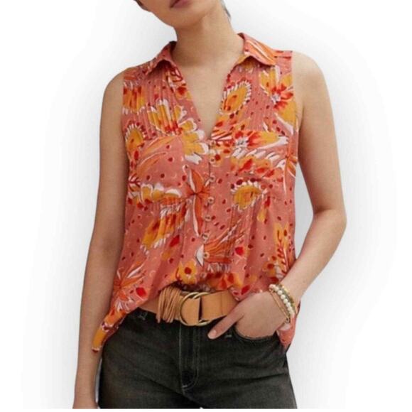 Vera for Anthropologie Coral Tropical Floral Sleeveless Shirt Top Size S Career - Picture 1 of 8